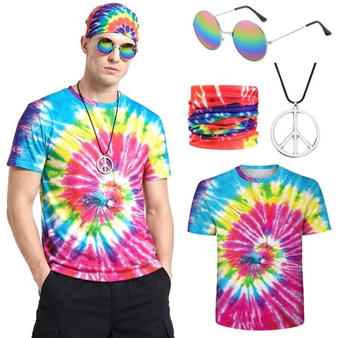 4dílná sada hippie kostýmu pro muže, hippie tričko, brýle, náhrdelník míru, čelenka, outfit 60./70.