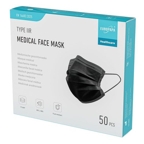 EUROPAPA® Černé lékařské masky typu IIR, norma EN14683, certifikace TÜV CE, chirurgické masky,