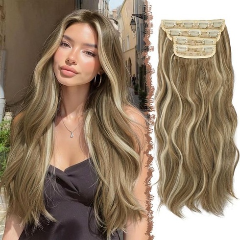 FESHFEN Clip-in prodlužování vlasů, 60 cm, 4 kusy dlouhých vlnitých prodlužování vlasů, syntetické