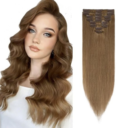 Vlasové prodlužování Rich Choices na clip-in, pravé lidské vlasy, 8 kusů, 20 cm, #6 světle hnědá,