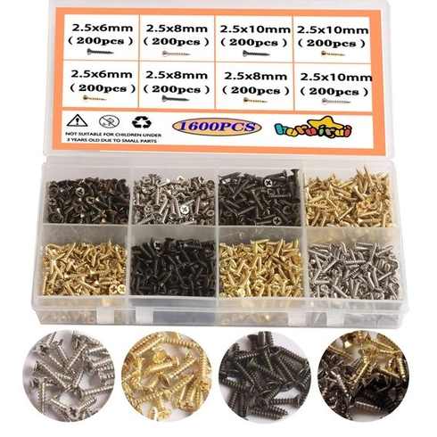 Sada malých šroubů M2,5, 1600 kusů, vruty do dřeva, samořezné šrouby 6 mm, 8 mm, 10 mm, plochá