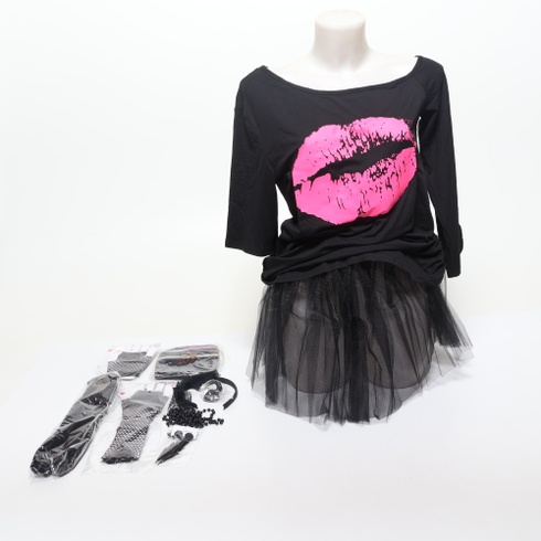 Dámský outfit WILDPARTY 80. let v růžové barvě, tričko, sukénka, kabelka na opasek, čelenka,