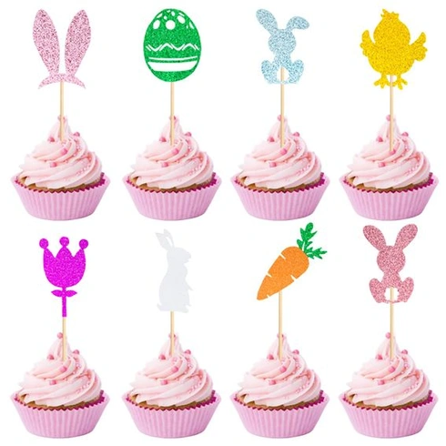 Veľkonočné ozdoby na muffiny, 16 ks zajačikov na ozdoby na muffiny, veľkonočné ozdoby na torty,