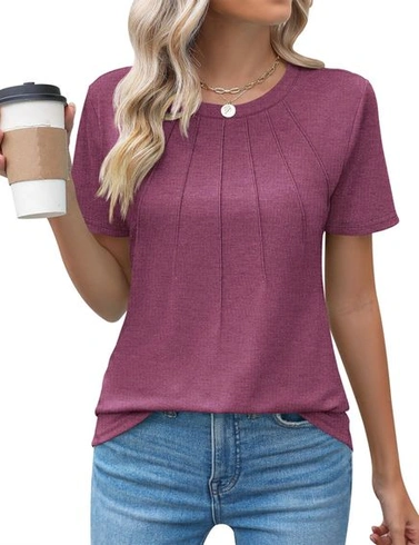 Dámské tričko, kulatý výstřih, plisované, elegantní top, ležérní, volné, tunika s krátkým rukávem,