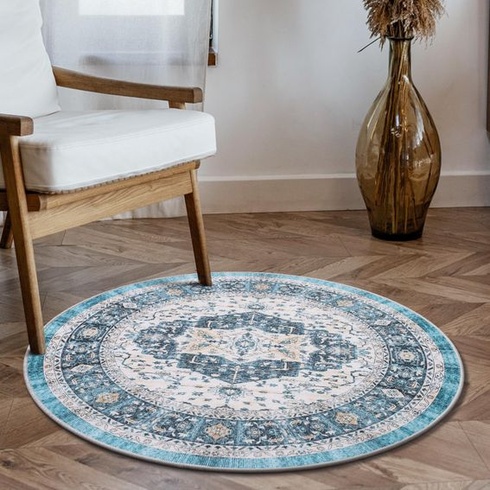 Carvapet umývateľný okrúhly 90cm protišmykový tenký koberec, kruhový modrý, retro medailónik,