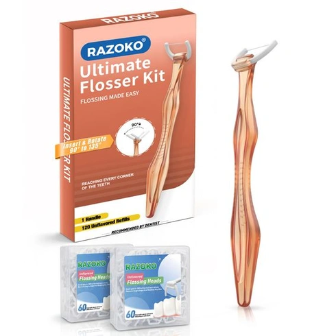 Zubná niť na rovnátka, uhlový čistič 135 °, oranžová, 1 oranžová rukoväť + 120 náhradných hlavíc