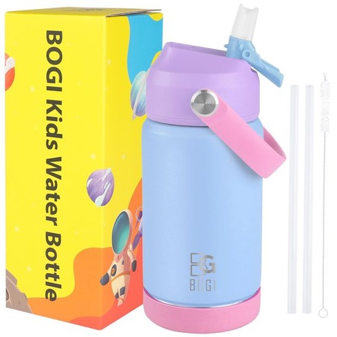 Dětská kovová láhev na vodu BOGI s brčkem, 350 ml, nerezová láhev na vodu do školy, nepropustná,