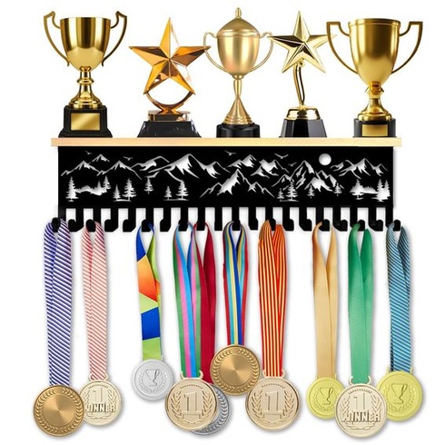 Nástenný držiak na medaily a trofeje SUPERDANT z dreva a kovu, čierny, s 20 háčikmi pre súťažné