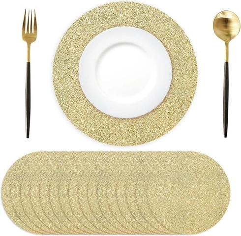 Balení 50 kusů zlatých papírových prostírání, kulaté, 35 cm, třpytivé papírové prostírání, světle