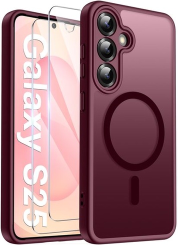 Magnetické puzdro Opkiegrn pre Samsung Galaxy S25 a 2 ochranné fólie na displej, vínové vínové pre