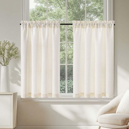 TOPICK Záclony do kaviarne, design zbraní, bistro záclona, ​​sada 2 kusov, V 115 x Š 90 cm, béžová, V