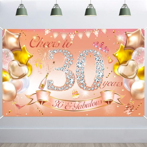 HOWAF Dámský banner k 30. narozeninám, růžovo-zlatý, látkový plakát, banner pro dámské 30.