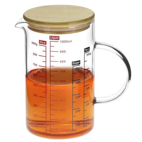 Odměrka QWORK® 1l z borosilikátového skla s bambusovým víčkem, více stupnic, odolná vůči teplu i