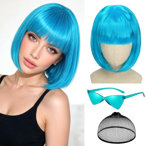 Parochňa Sofiyan Bob so slnečnými okuliarmi, parochňa pre cosplay párty s ofinou, nebesky modrá