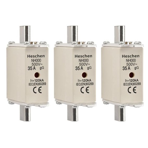 Poistková vložka Heschen NH 35A, keramické poistky, NH000, typ gG, plochý kontakt, kombinovaný