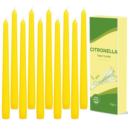 Sada 10 žlutých kuželových svíček, 25 cm dlouhá sada citronelových stolních svíček, kuželové svíčky