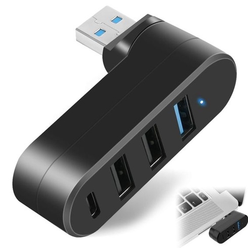Otočný USB 3.0 Hub o 90 ° / 180 °, 4portový rozbočovač s 3 USB-A a 1 USB-C porty, ideálny pre
