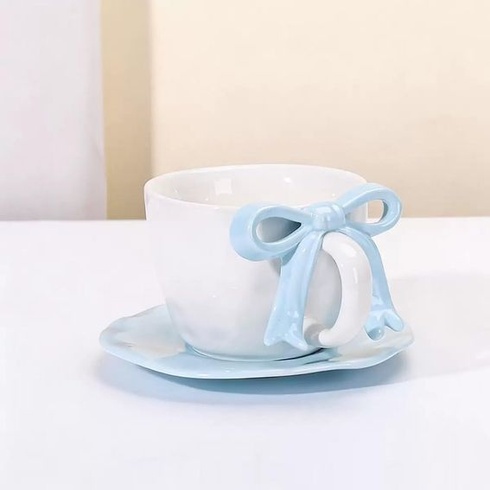 Roztomilý 3D hrnek na kávu s mašlí a sadou podšálků, 350ml, silnostěnný šálek na cappuccino,