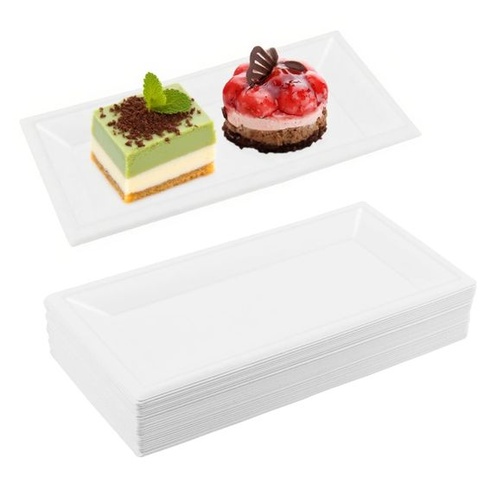 50 obdĺžnikových papierových tanierov, veľký rozmer 26 x 13 cm, biele, kartónové taniere na torty,