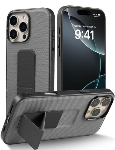 Puzdro X-level pre iPhone 16 Pro, nastaviteľný stojan, šedé