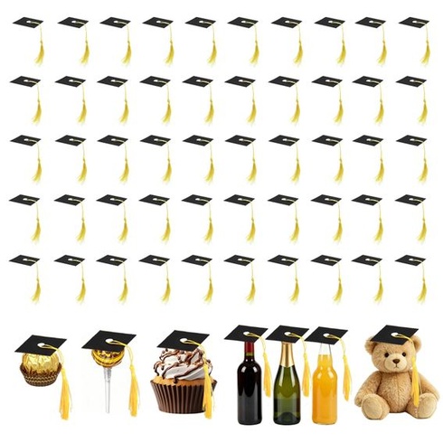 Mini promočné čiapky so strapcami, 50 kusov, malé ozdoby na promočné čiapky, ozdoby na muffiny, ozdoby