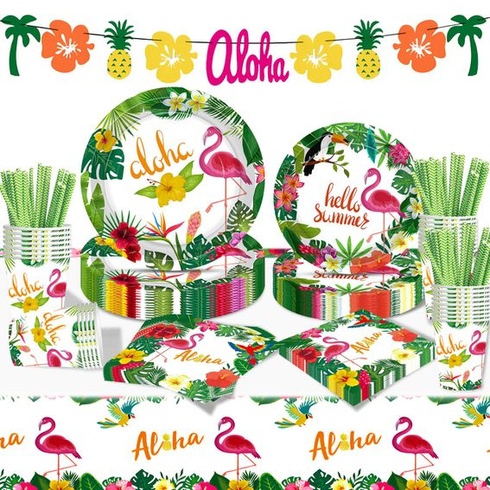 Moerstar Hawaii Party Decoration Tropical Flower Party Set nádobí s papírovými talíři, papírovými