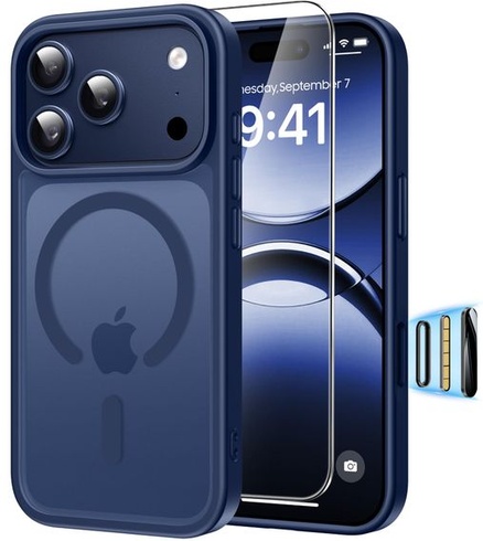 Magnetický kryt pre iPhone 17 Pro s ochranou displeja, tmavo modrý.