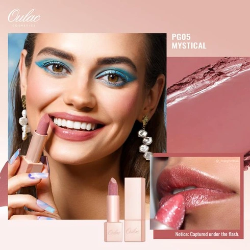 OULAC Moisture Shine Lipstick Pink, třpytivá rtěnka s lesklým finišem, krémová textura, hydratační
