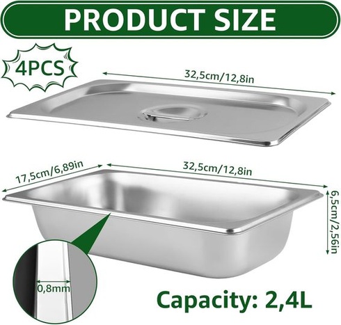 WOPPLXY Sada 4 gastronádob, nerezové nádoby 32,5 x 17,5 x 6,5 cm s víky, GN 1/3 na řízky, maso a