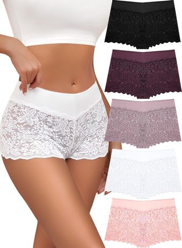 Dámske sexy boxerky s čipkou, veľké veľkosti, 5 ks, veľkosť M, čierna/pletová/biela/khaki/fialová