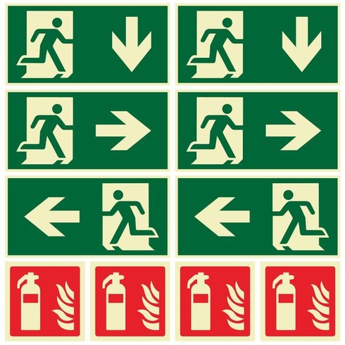 Sada 10 cedulí s nouzovým východem a hasicím přístrojem | 4x hasicí přístroj (10x10 cm) + 6x cedule