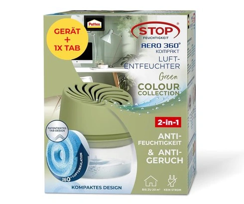 Kompaktný odvlhčovač Pattex AERO 360 ° zelený, 1 kus vrátane 1 zelenej odvlhčovacej tablety + 1 x 450g