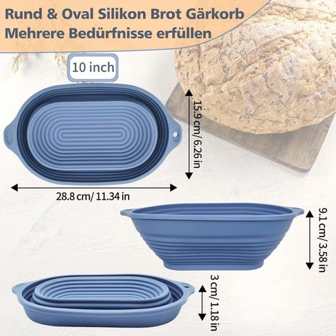 Silikónový kynáci košík na chlieb, oválny kynáci košík s priemerom 28 cm, skladacia, vylepšená