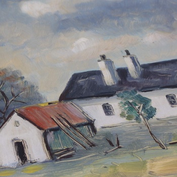 Obraz v rámu s motivem vesnických stavení